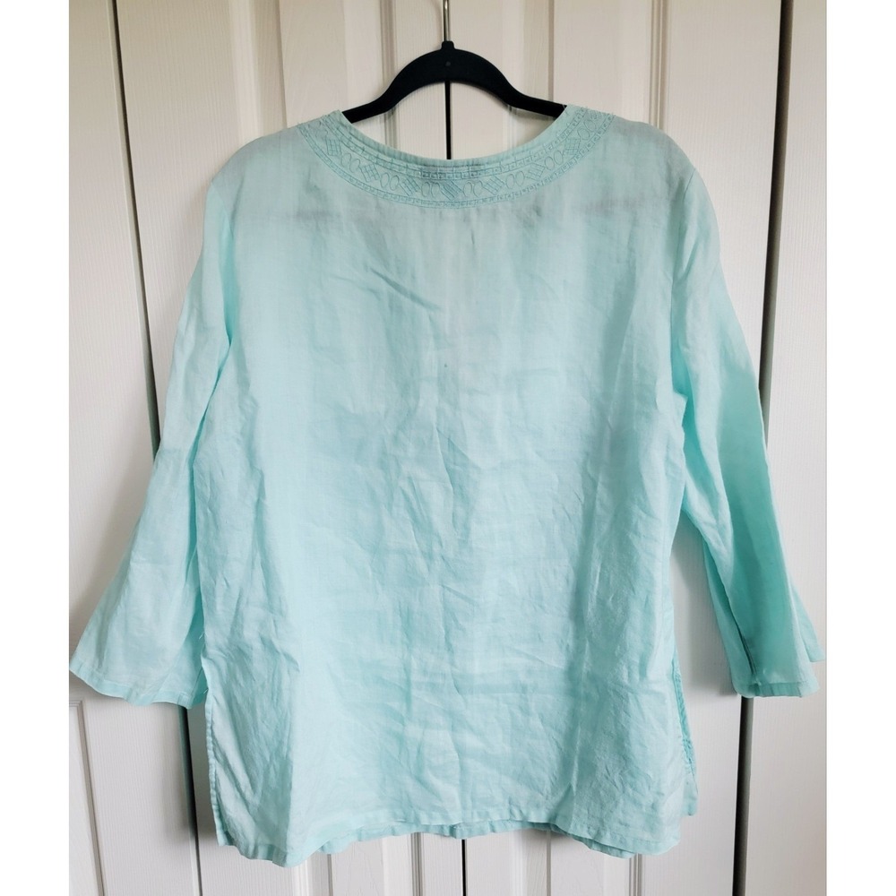 Lino USA 2X Light Blue 100% Linen Tunic Top Bejeweled Sequin Beaded Embroidered‎ - Picture 2 of 7